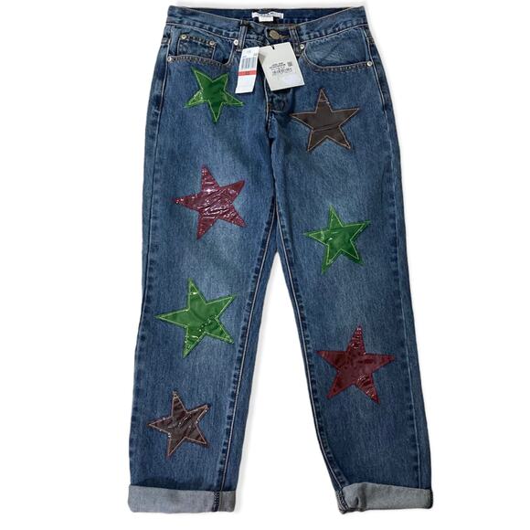 Stonewash star patch ankle jeans, NEW xs Girlfriend ankle blue denim by Glam - Picture 10 of 10